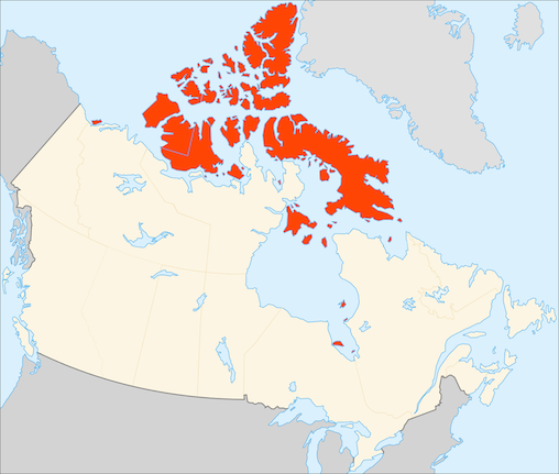 Map of the Canadian Arctic Archipelago highlighted in red