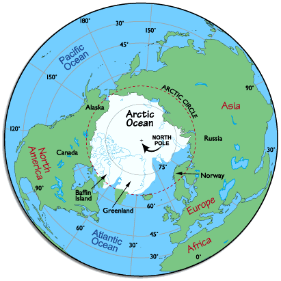 Map of the Northern-hemisphere focusing on the Arctic region of the world