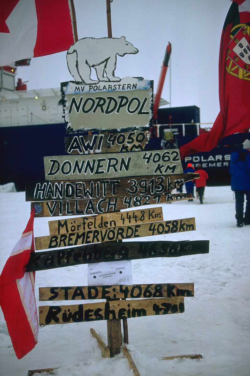 Sign of a road marker with polar bear on top and signs written in different languages for the North Pole