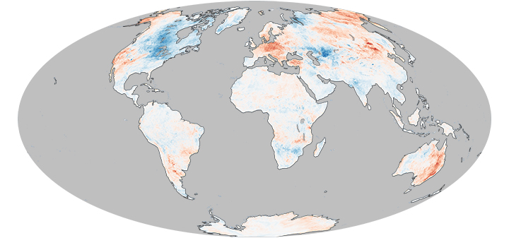 Global land surface temperature anomalies. Blue regions indicate colder than average temperatures, red regions indicate warmer than average temperatures.