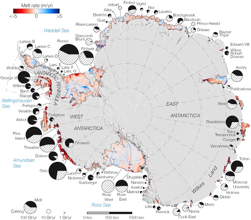 Melt rate of Antarctic ice shelves (m/yr), melt extent and melt type