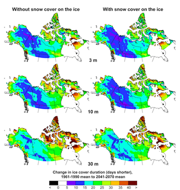Change in ice cover duration by the mid-21st century for three hypothetical lake depths, both with and without snow cover on the ice, based on a second climate scenario