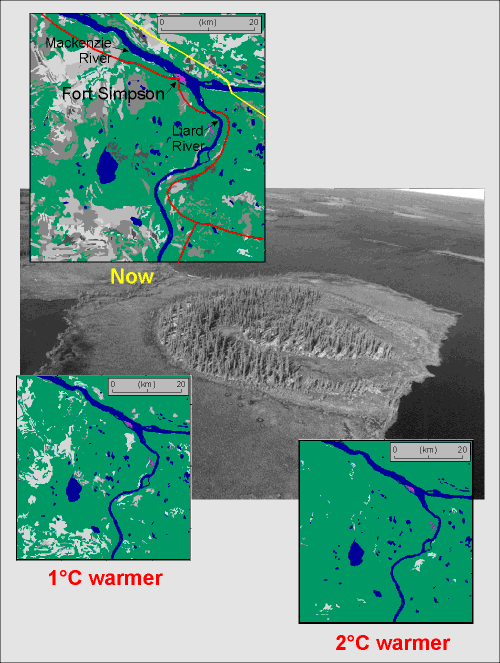 Predicted permafrost occurrence in the Fort Simpson area for different climate warming scenarios (GSC)