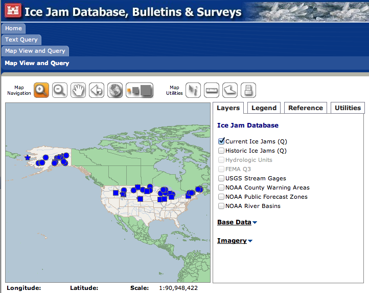 The CRREL Ice Jam Database provides the current state of ice covered rivers across the United States