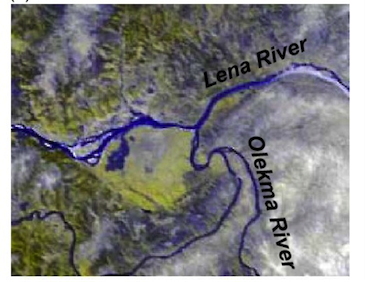 IMODIS colour composite illustrating the confluence of the Lena and Olekma Rivers shown during a typical break-up event