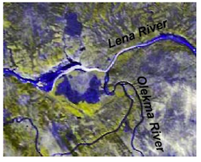 IMODIS colour composite illustrating the cofluence of the Lena and Olekma Rivers shown during an ice jam flood
