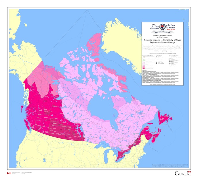 Map of climate change sensitivity levels to rivers in Canada. Sensitivity levels in pink (deeper colour indicates higher severity), agricultural areas in green stripe, permafrost reduction risk areas in pink stripe and river boundaries in brown
