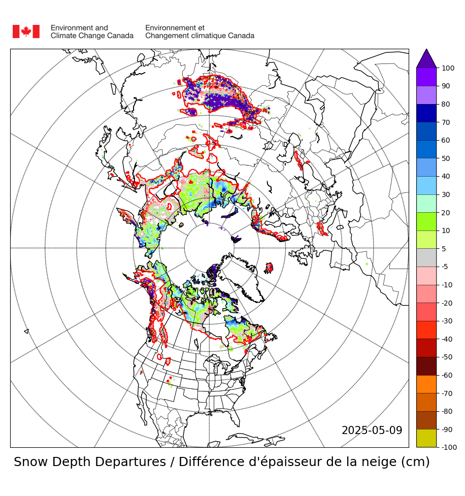 Mappa innevamento continentale. In rosso meno neve rispetto alla norma, in blu maggior presenza di neve rispetto alla norma.