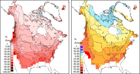 Graph of Projected average change (%) in annual snow cover duration (left) and maximum monthly snow accumulation (maximum SWE, right)